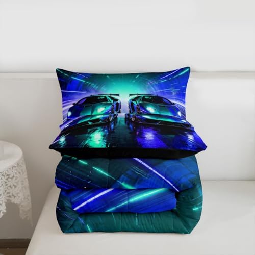 Feelyou Blue Racing Car Bedding Set Soft for Boys Girls, Boys Sports Car Comforter Set King Size Racing Extreme Sports Duvet Quilt Microfiber Speed Sports Bedroom Decor 3 Pcs with 2 Pillow Cases