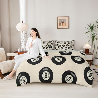 Fashion Lucky 8 Ball Comforter Set Twin Size 7 Piece Bedding Set For Girls Room Decor,Y2K Trendy Lucky 8 Ball Down Bed In A Bag For Kids Teen Adults,Funky Aesthetic Preppy Bed Set,Beige Black