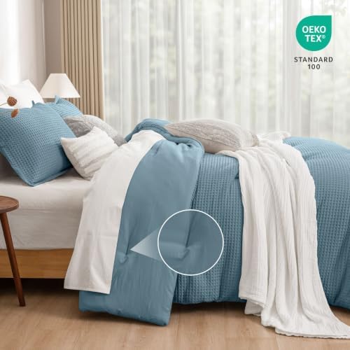 PHF Ultra Soft Waffle Comforter Set 3 Pieces King, Stormy Blue