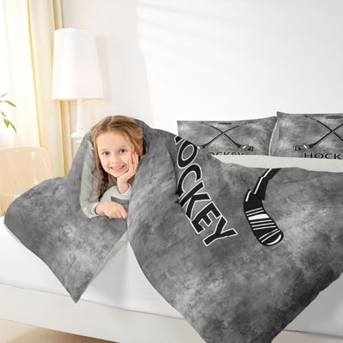 Ice Hockey Bedding Set Full Size,Vintage Gray Tie Dye Comforter Set 3pcs for Kids Boys Men Room Decor,Black Hockey Punk Quilt Set Winter Ball Sports Game Duvet Insert,2 Pillowcases
