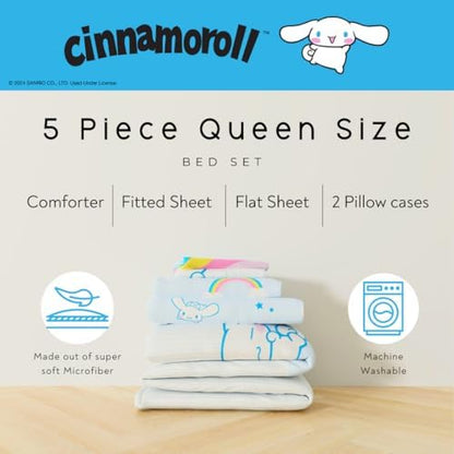 Cinnamoroll Bedding - 5 Piece Queen Size Bed Set - Super Soft Microfiber Comforter and Sheet Set, (Officially Licensed Product) By Franco Collectibles