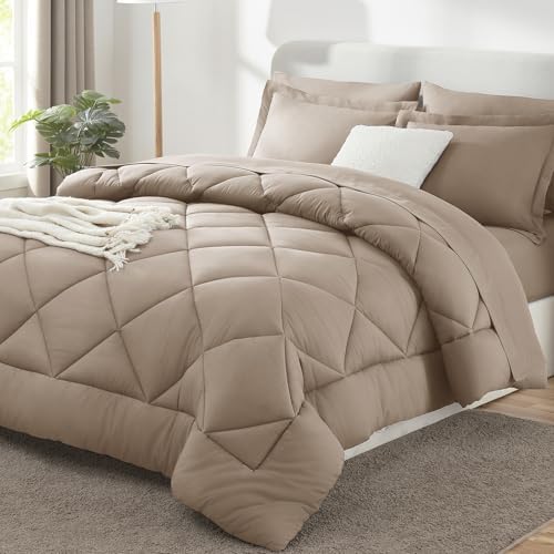 CozyLux Queen Comforter Set 88"x88" Khaki - 7 Piece Bed in a Bag