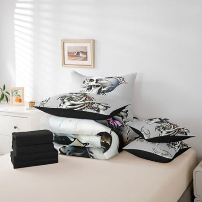 Erosebridal 7Pcs White Skull Comforter Set Queen Size,Death Bones Skeleton Bedding Set,Horror Spooky Floral Bed in A Bag,Halloween Decor Sheet Set with Comforter