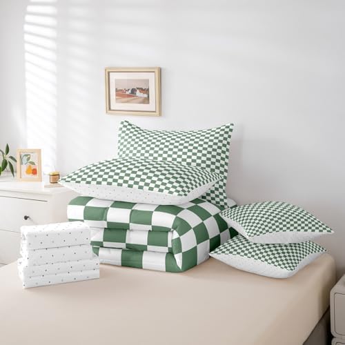 jejeloiu Green and White Bedding Set 7Pcs Full Size Kids Plaid Checkered Comforter Set with Sheets for Boys Girls Classic Grid Buffalo Check Bed in a Bag Soft Lightweight,Microfiber