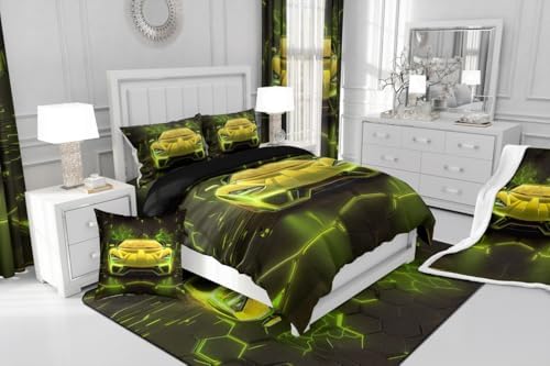 Feelyou Boys Race Car Comforter Set,Kids Sports Car Bedding Set Queen Size,Boys Bedroom Room Decor,Cool Speed Luxury Racing Car Comforter,Geometric Hexagon Racing Car Bed Set for All Season