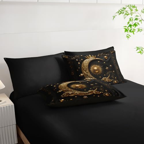 7 Piece Black and Gold Galaxy Comforter Set King Size，Sun and Moon Bedding Set King，(1 Comforter, 1 Flat Sheet, 1 Fitted Sheet, 2 Pillowcase and 2 Pillow Sham)，Astrology Bedroom Decor