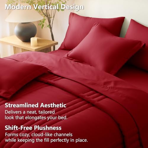 CozyLux Queen Comforter Set Dark Red - 7 Pieces Bed in a Bag