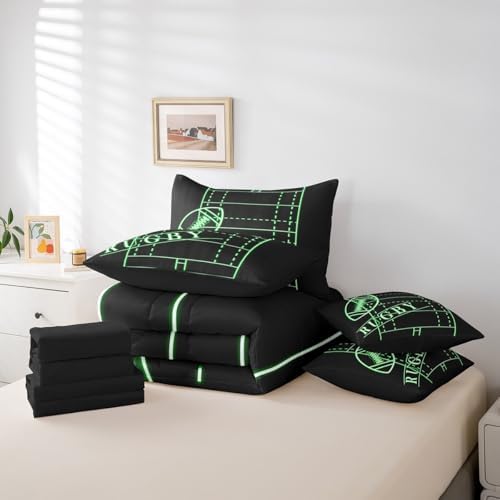 Erosebridal Boys Soccer King Comforter Set 7Pcsfor Kids Teens Black Green Bedding Comforter Sets, Sports Gaming Bed in a Bag Green Football Field Bedding Set, Ball Game Bed Sheets Set Super Cozy