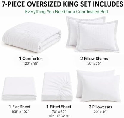 HIMEET Oversized King Comforter Set, 7-Piece Seersucker Bed in a Bag, White