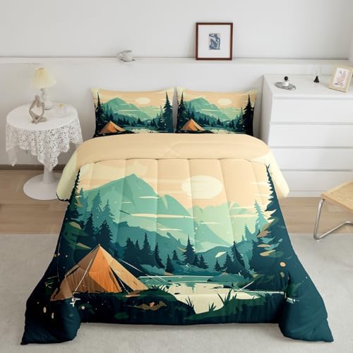 Happy Camping Comforter Set Twin Size,Sunset Mountain Camper Bedding Set for Kids Teens Adults Room Decor,Lake Tree Woodland Duvet Insert 2Pcs,Nature Scenery Camper Adventure Quilt Set,1 Pillowcase