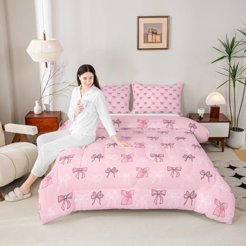 jejeloiu Bowknot Bedding Set Soft for Boys Girls, Pink Bow Comforter Set Toddler Size Bow-tie Duvet Quilt Microfiber Butterfly Bowknot Bedroom Decor 2 Pcs with 1 Pillow Cases