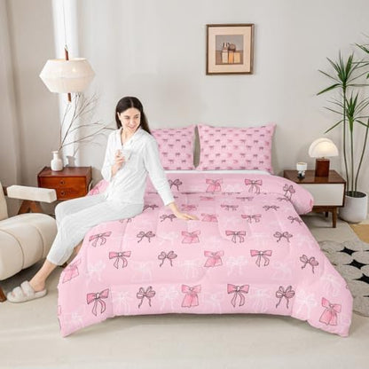 jejeloiu Bowknot Bedding Set for Boys Girls Pink Comforter Set Twin Size