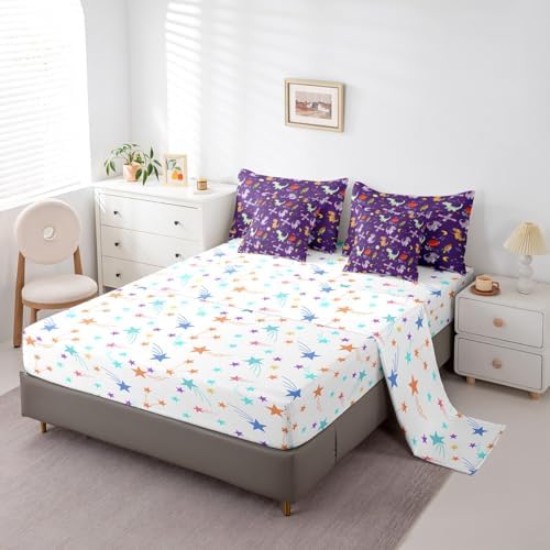 Feelyou Kids Cute Dinosaur 7 Piece Bedding Set Queen Size Solar System Comforter Set with Sheets for Boys Girls Moon Star Print Bed in a Bag Purple Bed Set