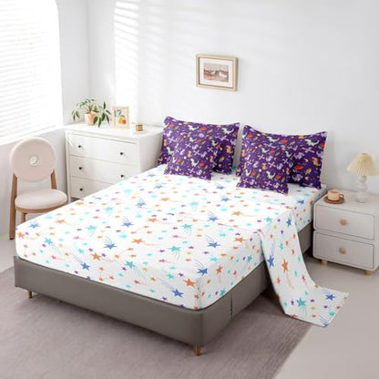 Feelyou Kids Cute Dinosaur 7 Piece Bedding Set Queen Size Solar System Comforter Set with Sheets for Boys Girls Moon Star Print Bed in a Bag Purple Bed Set