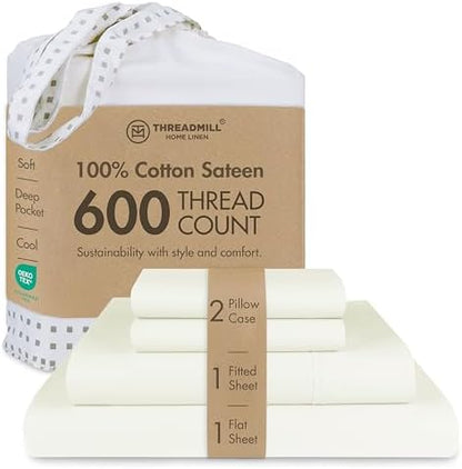 Threadmill 600 Thread Count Cotton Queen Sheet Set, Sateen, White, 4-Piece