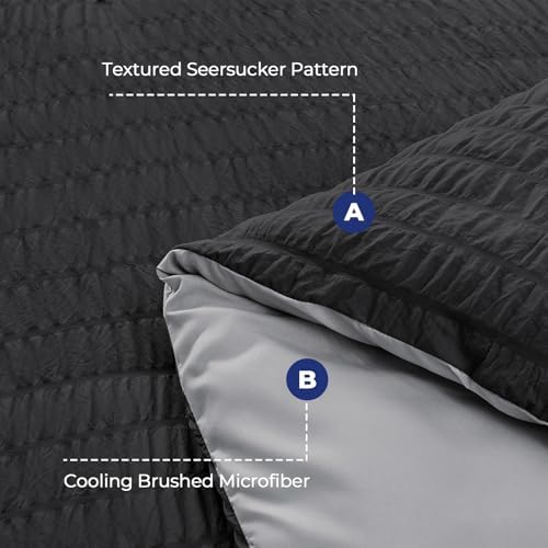 HYMOKEGE Black/Light Grey Oversized Queen Comforter Set Seersucker 7 Pieces, All Season Luxury Bed in a Bag for Bedroom, Bedding Set with Comforter, Sheets, Pillowcases & Shams