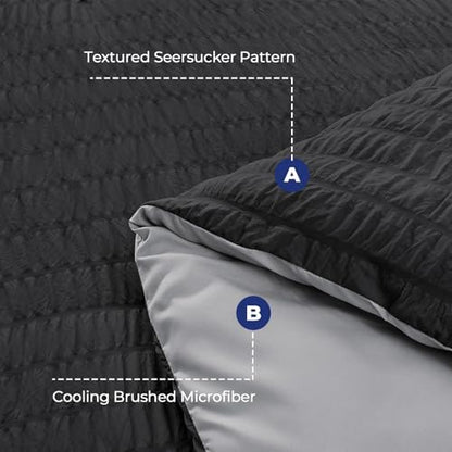 HYMOKEGE Black/Light Grey Oversized Queen Comforter Set Seersucker 7 Pieces, All Season Luxury Bed in a Bag for Bedroom, Bedding Set with Comforter, Sheets, Pillowcases & Shams