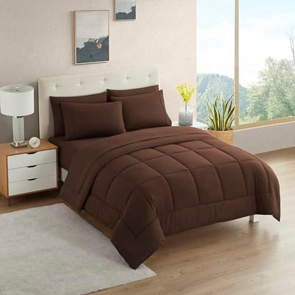 RV Short Queen Comforter Set for RV Camper - Comforter Set with Fitted & Flat Sheet, 4 Pillowcases - Tailored for RV Short Queen Beds - Cozy Essentials for Your RV Bedroom, Brown