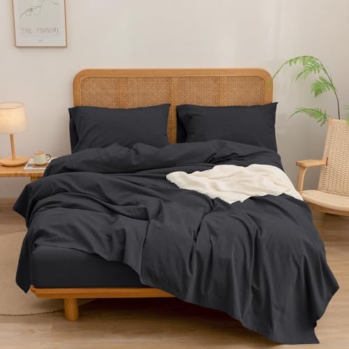 BESTOUCH Twin Washed Cotton Linen Feel Sheet Set 3pc Deep Black