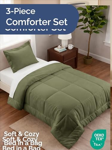 Twin Comforter Set - Sage Green Bedding for All Seasons - 2 Piece Bed Set