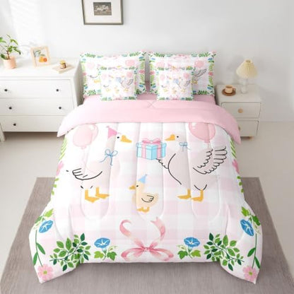 Erosebridal Cute Goose Duck King 7-Piece Comforter Set Pink Geometric Grid Cartoon Animal Bedding Set with Sheets for Kids Girls Pastel Coquette Bow Bed in a Bag Teens Leaf Floral Birthday Room Decor