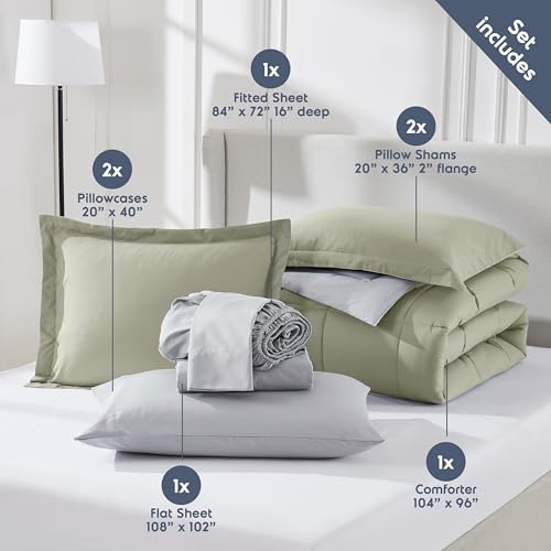 Nestl 9 Piece California King Comforter Set – Light Sage Reversible Bed in a Bag – Complete Cal King Size Bedding Set with Sheets, Set of 2 Down Alternative Pillows, Pillowcases and Shams