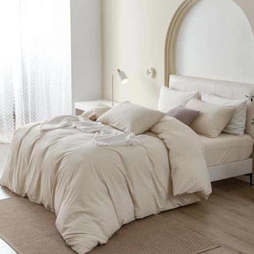 JIYUAN Queen Washed Cotton Duvet Cover Set, 3-Piece, Relaxed Linen Feel