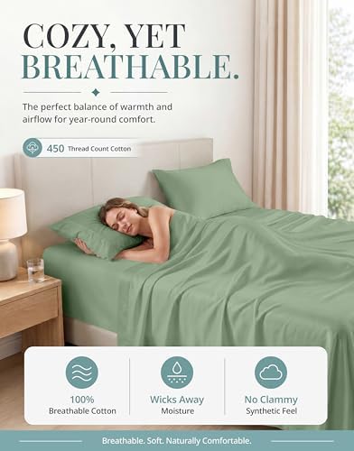 450TC 100% Cotton Full Sheets - Silky Smooth Sateen Weave, Iceberg Green