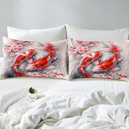 Feelyou Kids Japanese Koi Fish Duvet Cover Twin Size Cherry Blossoms Bedding Set Boys Girls Japanese Style Comforter Cover Set Sakura Flower Floral Botanical Spring Bedspread Cover（No Comforter