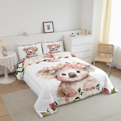 Feelyou Cute Koala Comforter Set King Size Kids Cartoon Animal Comforter for Boys Girls Teens Flower Floral Print Bedding Set Farm Zoo Garden Theme Duvet Set Room Decor Quilt Set