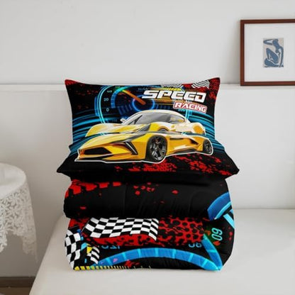 Erosebridal Kid Comforter Set - King Size,Racing Car Bedding Sets for Boys & Girls,Race Cars Quilt Bed Set with 1 Comforter 2 Pillowcases,Red Black and Yellow