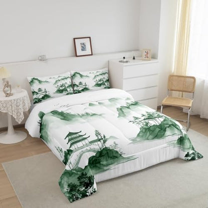 Oriental Culture Comforter Set Queen Size,Chinese Style Abstract Art Bedding Set for Kids Girls Boys Adults Room Decor,Ink Painting Mountain Duvet Insert 3Pcs,Tie Dyeing Quilt Set,2 Pillowcases