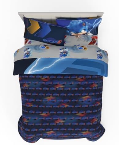 Franco Sonic The Hedgehog 3 Movie Kids Bedding Super Soft Comforter and Sheet Set, 5 Piece Full Size, (Officially Licensed Product)