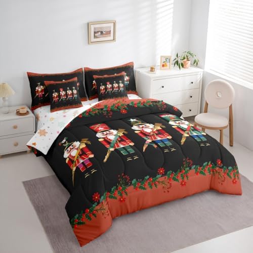Erosebridal Christmas Soldier 7 Piece Bedding Set Twin Nutcracker Comforter Set with Sheets Cute Xmas Festival Bed in a Bag Black Red Florals Bed Sets Comforter