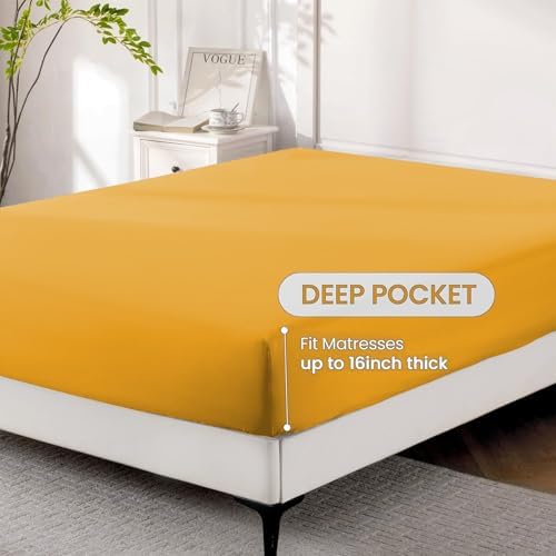 ROSE&RISY Lemon Yellow Queen Sheet Set, 4 Pcs Soft Bedding Sheet Set, Breathable and Cooling Sheet Bed Set, Includes 1 Fitted Sheet, 1 Flat Sheet, 2 Pillowcases - Deep Pocket (Lemon Yellow, Queen)