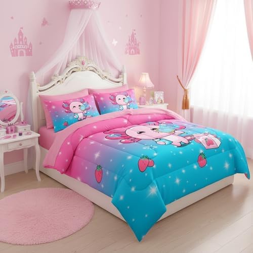 QOOMO Axolotl 7 Pieces Comforter Set Twin,Salamander Bedding Set for Kids