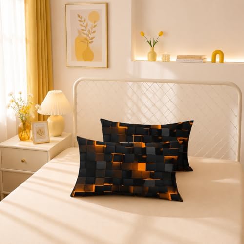 Nttopship Geometric Yellow Black Comforter Set,Light Honeycomb 3 Piece Bedding Set Twin Size for Teen Boys,Modern Quilt Set Geometry Decor,Microfiber Lightweight 1 Comforter 2 Pillowcases All Season