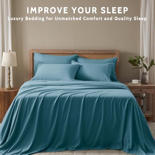 Queen Sheet Set - 6 Piece Sheets Queen Size Bed Set - Breathable & Cooling Hotel Luxury Bedding Set - Soft & Comfy Fully Elasticized 16" Deep Pocket Queen Sheets (Queen Denim Blue)