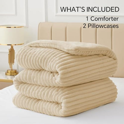 BEDELITE Fleece Queen Comforter Set, Fluffy Bed Set, Beige