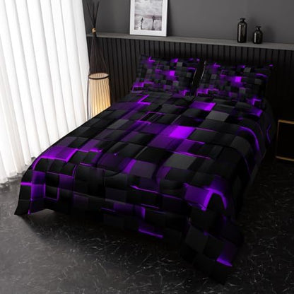 Nttopship Neon Purple Black Comforter Set Full Geometric Kids Bedding Set,3 PCS Geometry Honeycomb Bed Set Modern Quilt Set 1 Comforter 2 Pillow Cases Cool Room Decor All Season B-Side Black