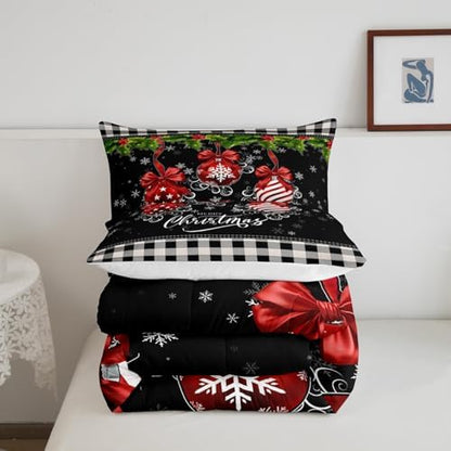 Black and White Grid King Size Comforter Set Kids Merry Christmas Decor All Season Bedding Set for Girls Teens Red and Green Comforter Geometric Snowflake Decor Quilt Set Bedroom Collection 3Pcs