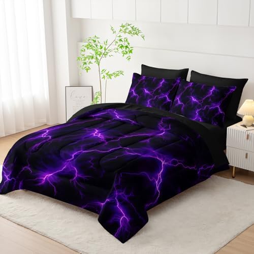 Nttopship Violet Lightning Comforter Set Queen Thunder Bedding Sets 7PCS,Purple LightLight 7 Piece in A BagLight Violet Lightning Bedding Set 7 Piece in A Bag,Bed Sheet Set Abstract Decor All Seasons