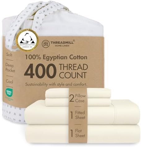 Threadmill 400TC Egyptian Cotton King Sheet Set, Sateen, Solid, Ivory