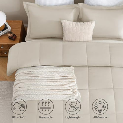 CozyLux Queen Size Comforter Set, 3-Piece Box-Stitched, Beige