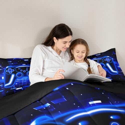 Erosebridal Gamer Comforter Set Gaming Girl Toddler Bedding Set, Neon Lights Video Game Console Comforter Blue Brick Cube Quilt,Gamer Decor for Boys Bedroom