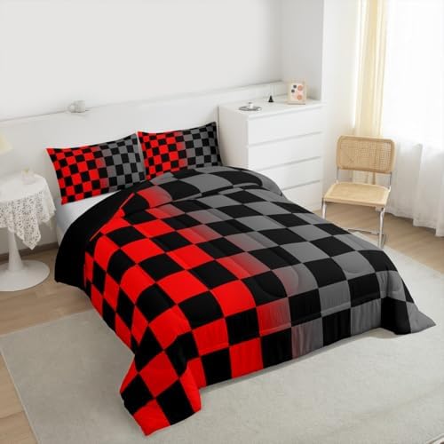 Feelyou Checkered Retro Kids Comforter Set Toddler Size Geometric Vintage Bedding Set Red Grey Duvet Quilt for Kids Boys Girls Bedroom Modern Groovy Aesthetic Decor