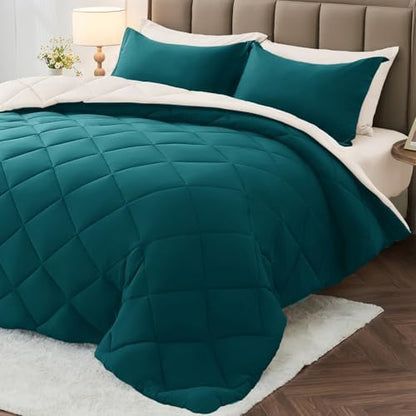 MUXHOMO 7 Pieces Full Comforter Set, Reversible Bed in a Bag Full Size, All Season Bedding Set with Comforter, Flat Sheet, Fitted Sheet, Pillowcases & Shams, Peacock Blue & Ivory
