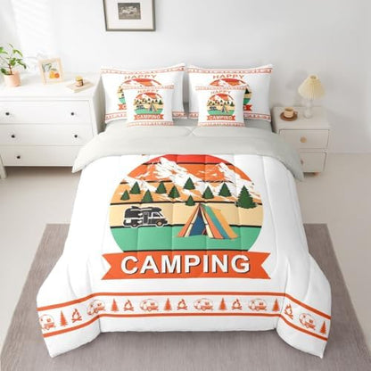 Erosebridal Camper Decor Comforter Set with Sheets Happy Camping King Size 7 Piece Bedding Set Rv Travel Trailer Bed in A Bag for Kids Teens Adult Bedroom Vintage Rustic Farmhouse Bed Sets, Orange