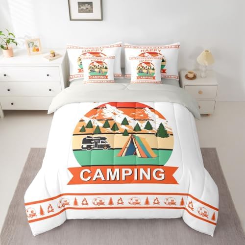 Erosebridal Camper Decor Comforter Set with Sheets Happy Camping Full Size 7 Piece Bedding Set Rv Travel Trailer Bed in A Bag for Kids Teens Adult Bedroom Vintage Rustic Farmhouse Bed Sets, Orange