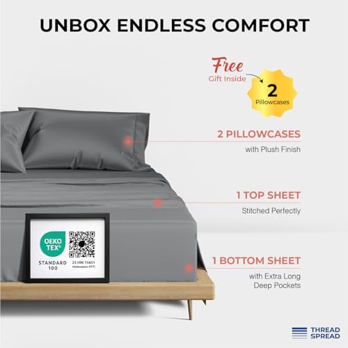 THREAD SPREAD 100% Egyptian Cotton Sheets California King Size - 1200 Series Plush Collection Cal King Size Sheets Set, 4 PC Luxury Bedsheet (Dark Grey), Soft, Cooling, 17" Deep Pocket Bedsheet Set